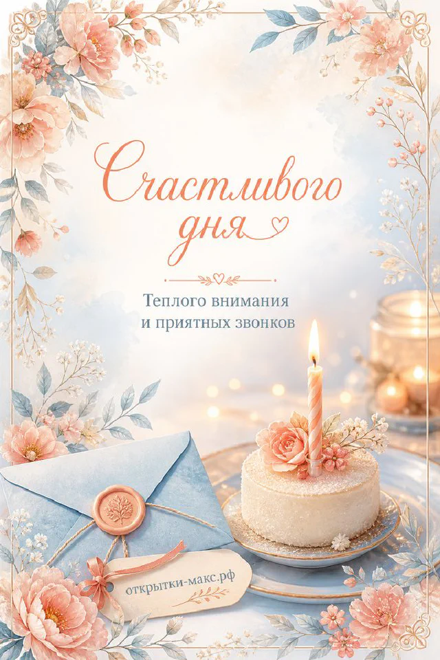 Нежная открытка счастливого дня с тортом со свечой, конвертом и розами в пастельно-персиковых тонах — вариант 7