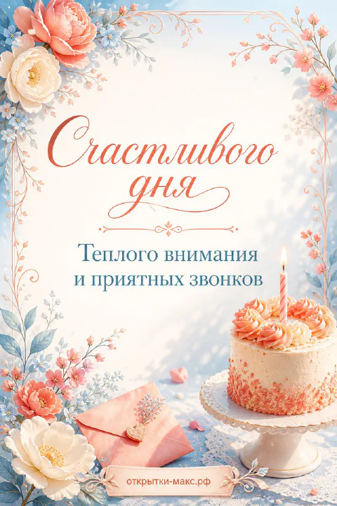 Нежная открытка счастливого дня с тортом со свечой, конвертом и розами в пастельно-персиковых тонах