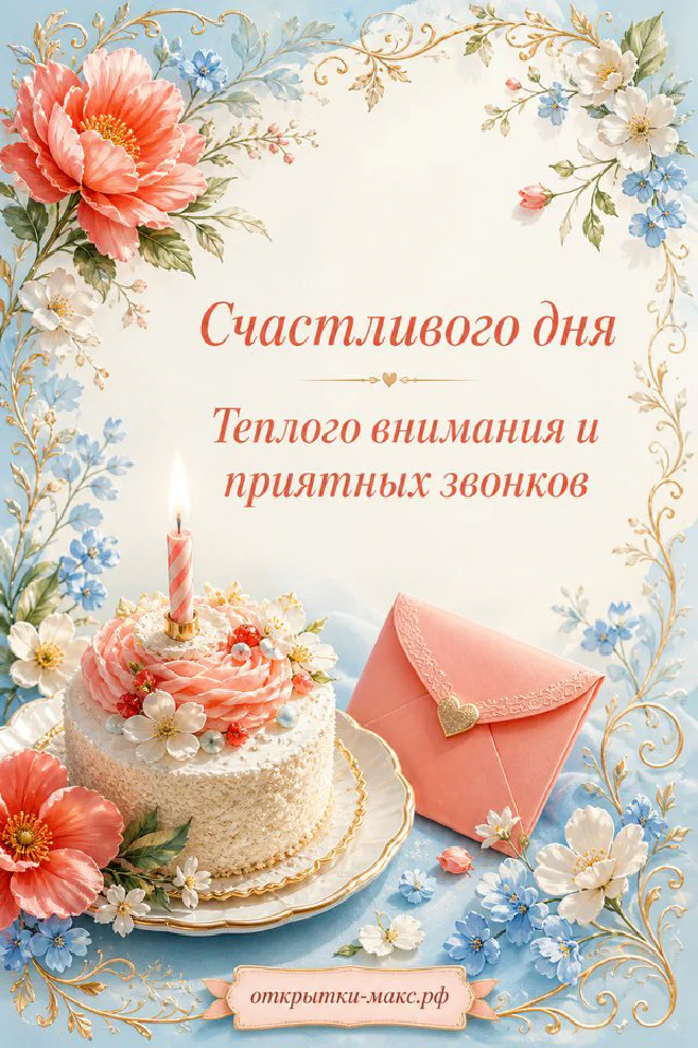 Нежная открытка счастливого дня с тортом со свечой, конвертом и розами в пастельно-персиковых тонах — вариант 3