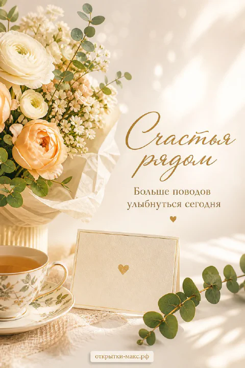 Персиковые ранункулюсы и эвкалипт в бумажной упаковке рядом с чашкой чая и запиской на светлом фоне