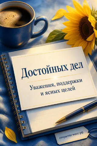 Синяя кружка кофе и блокнот с подсолнухом на синем фоне с надписью «Достойных дел. Уважения, поддержки и ясных целей»