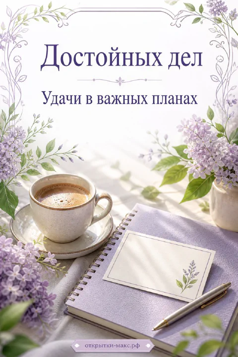 Чашка кофе, сиреневый блокнот с ручкой и ветки сирени с надписью «Достойных дел. Удачи в важных планах»