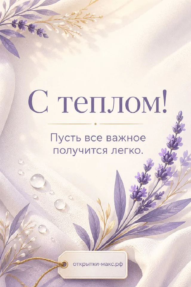 Ветки цветущей лиловой сирени вокруг белого конверта на светлом фоне с надписью С теплом и пожеланием хорошего дня — вариант 4