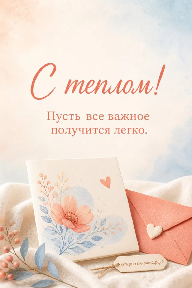 Ветки цветущей лиловой сирени вокруг белого конверта на светлом фоне с надписью С теплом и пожеланием хорошего дня — вариант 6