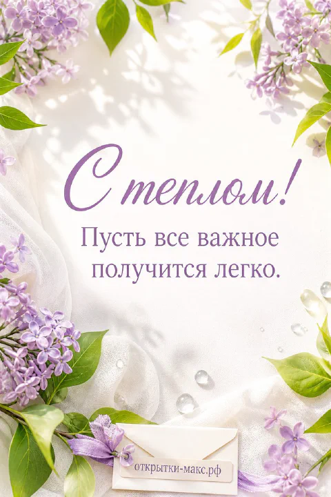Ветки цветущей лиловой сирени вокруг белого конверта на светлом фоне с надписью С теплом и пожеланием хорошего дня