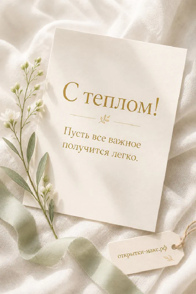Ветки цветущей лиловой сирени вокруг белого конверта на светлом фоне с надписью С теплом и пожеланием хорошего дня — вариант 3
