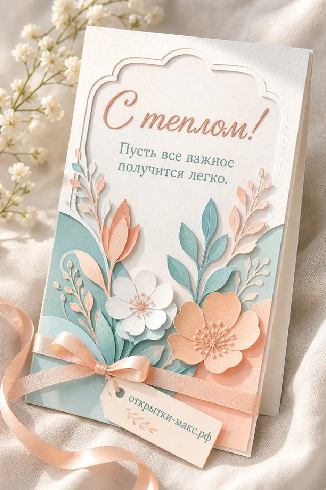 Ветки цветущей лиловой сирени вокруг белого конверта на светлом фоне с надписью С теплом и пожеланием хорошего дня — вариант 5