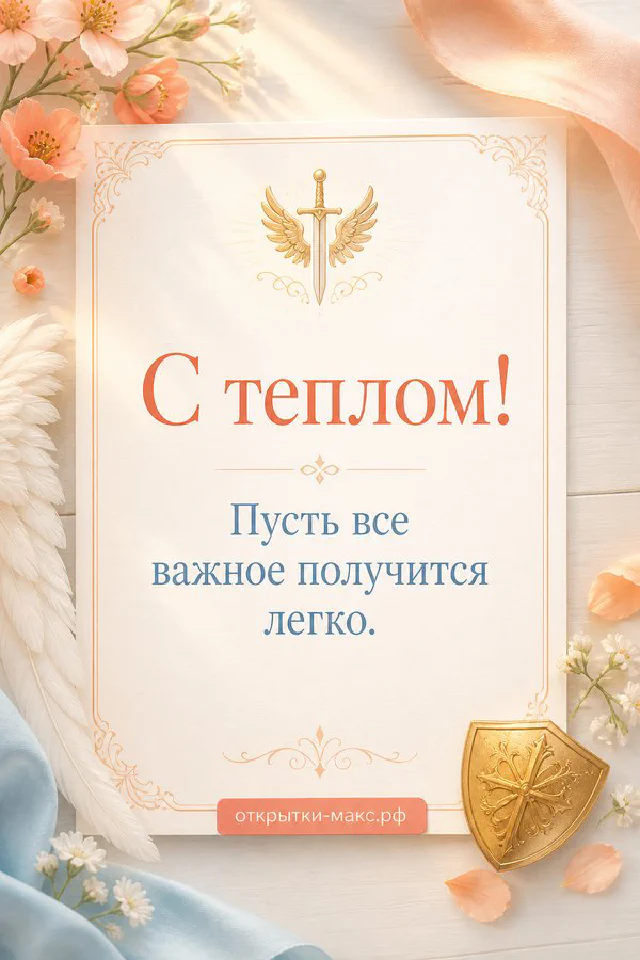 Ветки цветущей лиловой сирени вокруг белого конверта на светлом фоне с надписью С теплом и пожеланием хорошего дня — вариант 7