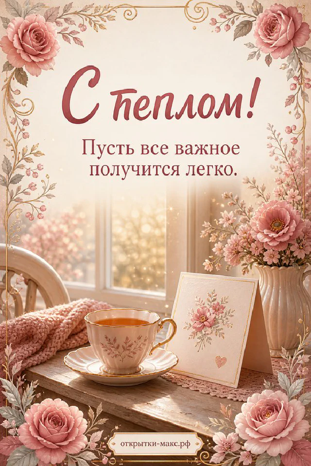 Ветки цветущей лиловой сирени вокруг белого конверта на светлом фоне с надписью С теплом и пожеланием хорошего дня — вариант 8