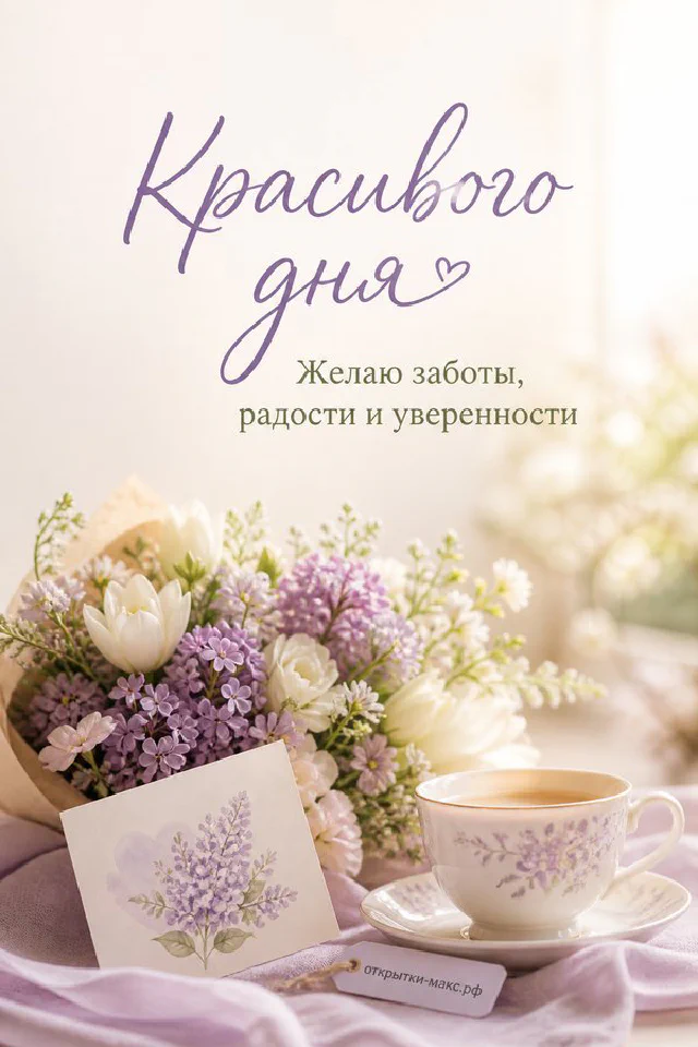 Букет сирени и белых роз рядом с розовым конвертом на белом фоне — вариант 3