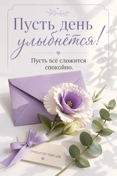 Сиреневый конверт с атласной лентой и белая эустома с листьями на светлом фоне