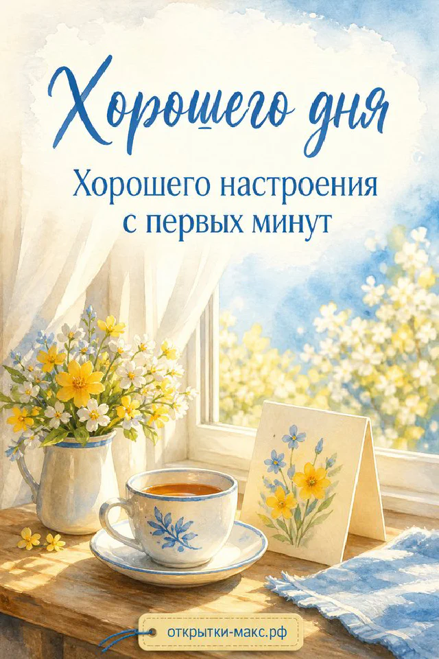 Акварельная открытка с сиренью в вазе, чашкой чая и конвертом у окна с надписью Хорошего дня — вариант 3
