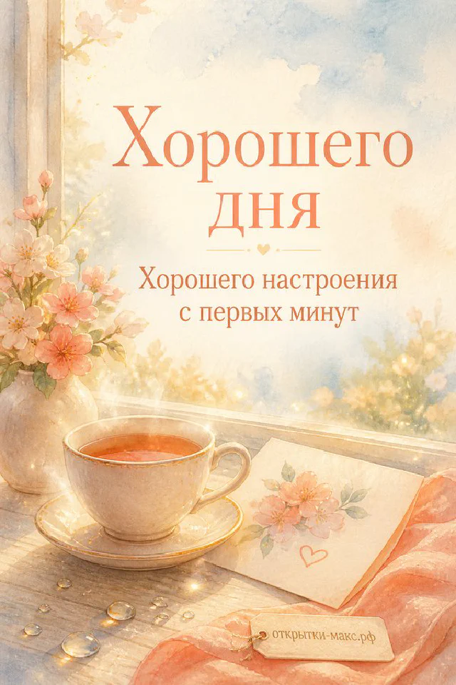 Акварельная открытка с сиренью в вазе, чашкой чая и конвертом у окна с надписью Хорошего дня — вариант 5