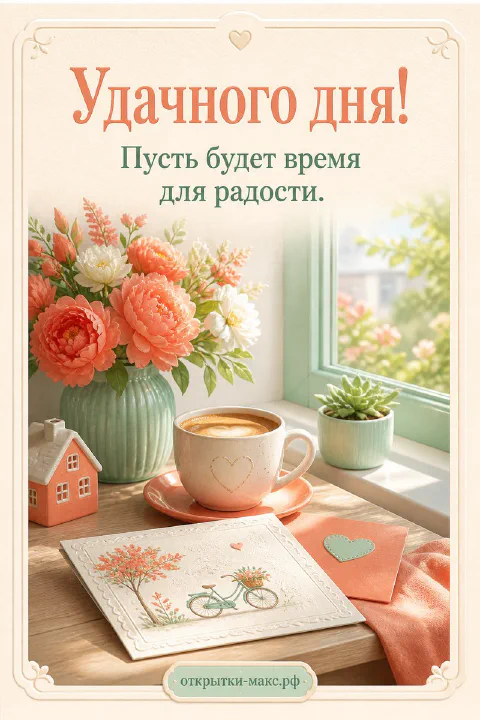 Солнечный стол у окна, чашка кофе и открытка с пожеланием