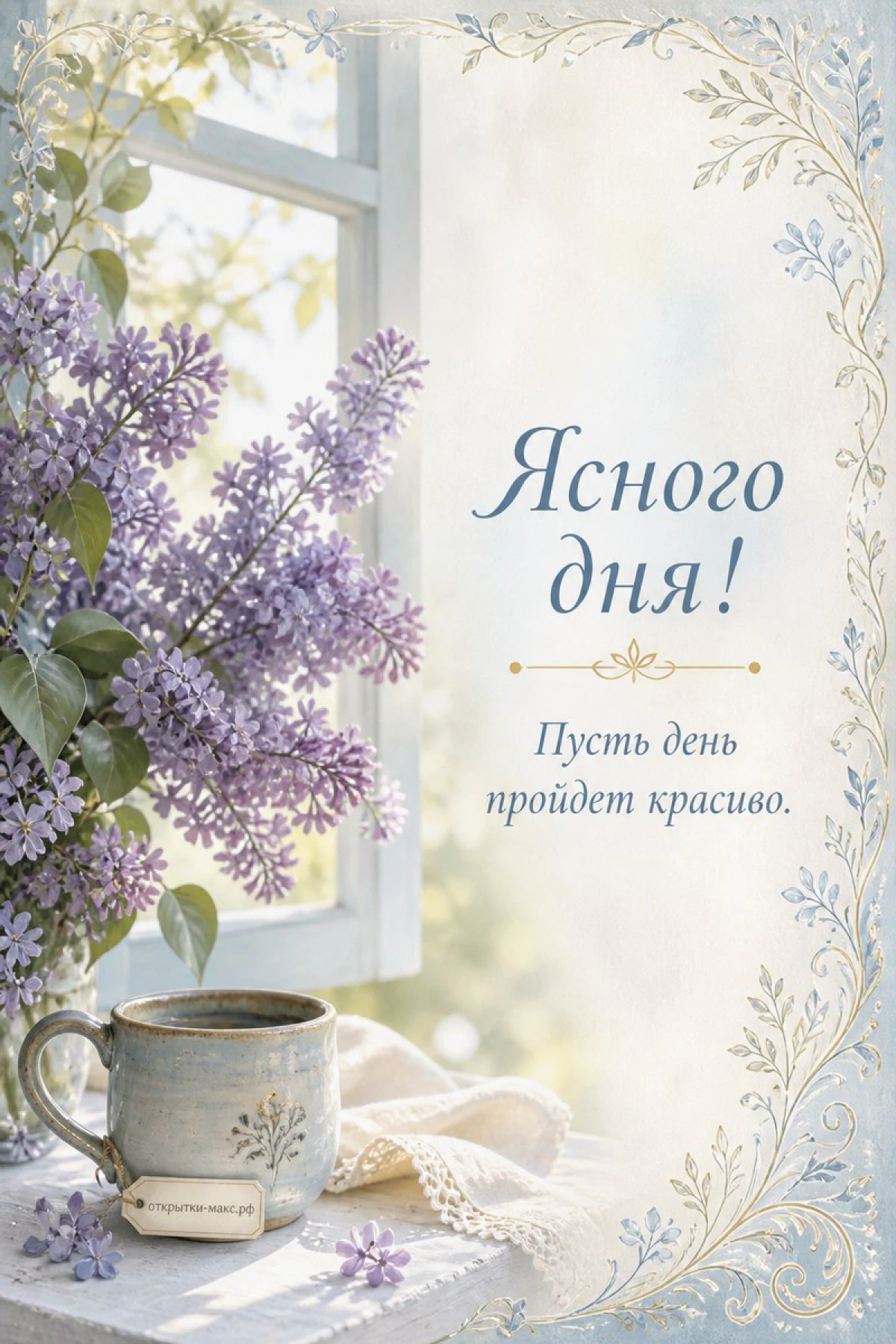 Солнечный стол у окна, чашка кофе и открытка с пожеланием
