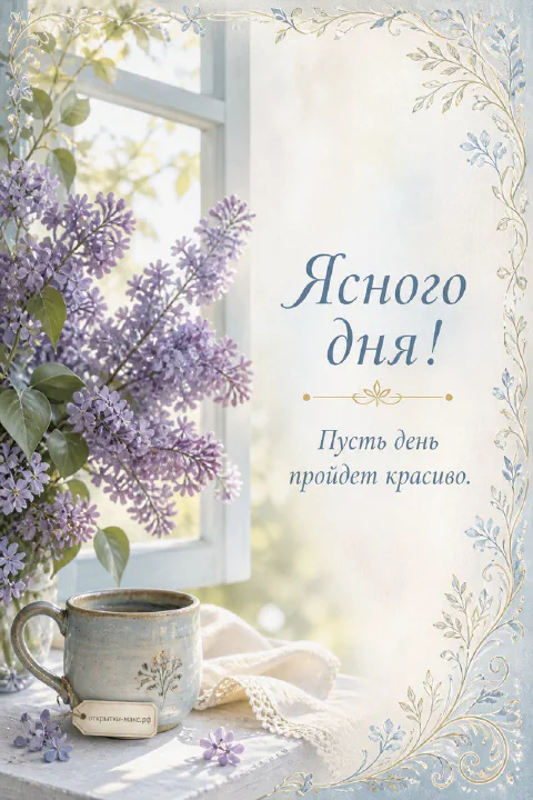 Солнечный стол у окна, чашка кофе и открытка с пожеланием