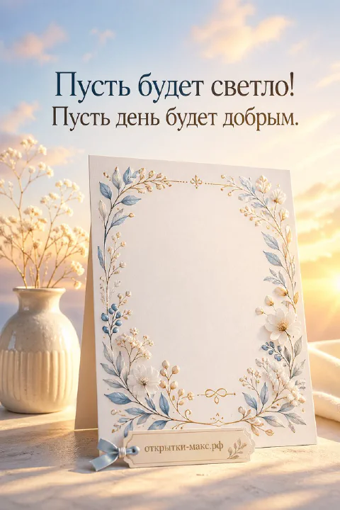 Солнечный стол у окна, чашка кофе и открытка с пожеланием