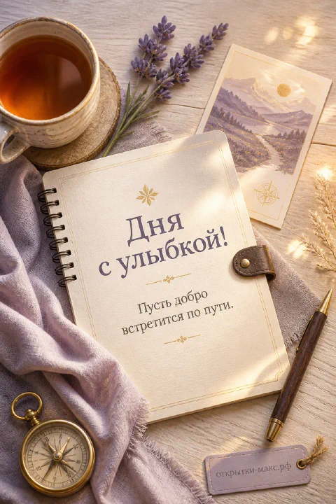 Солнечный стол у окна, чашка кофе и открытка с пожеланием