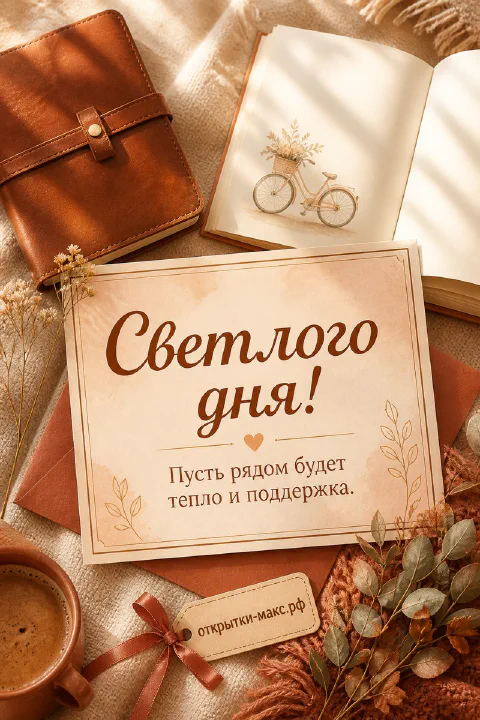 Солнечный стол у окна, чашка кофе и открытка с пожеланием