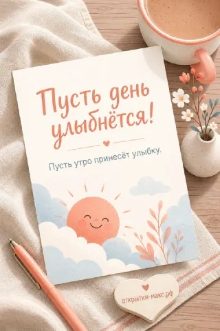 Карточка с улыбающимся солнышком в облаках и надписью «Пусть день улыбнётся» на деревянном столе