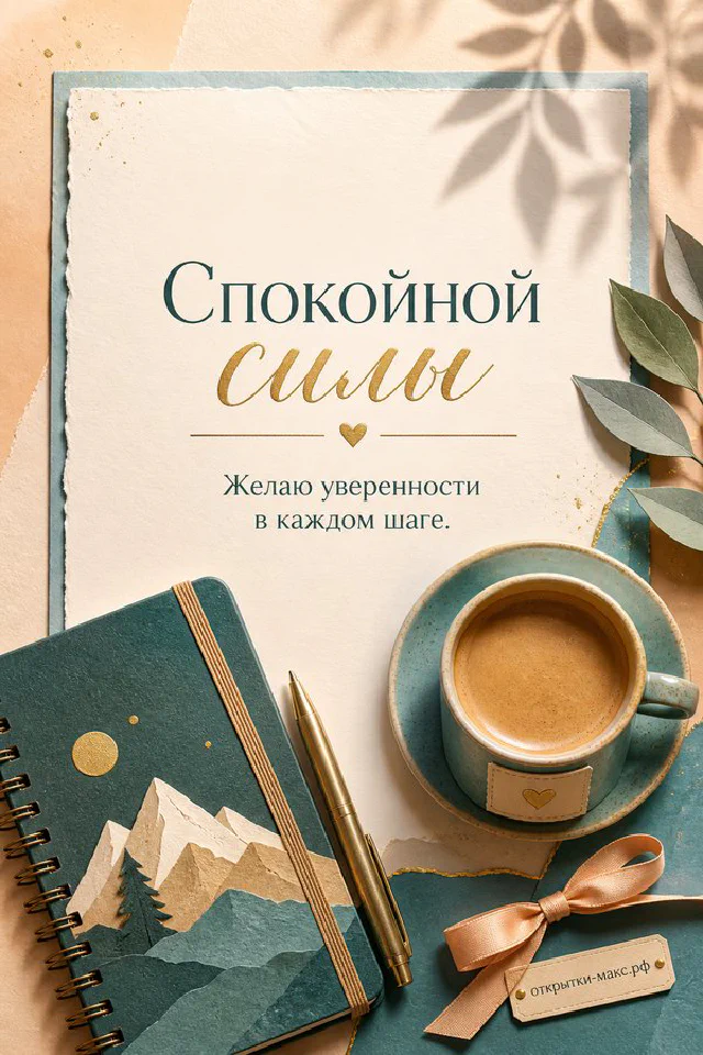 Блокнот с надписью Спокойной силы рядом с медным компасом и розовым конвертом с сердечком — вариант 2