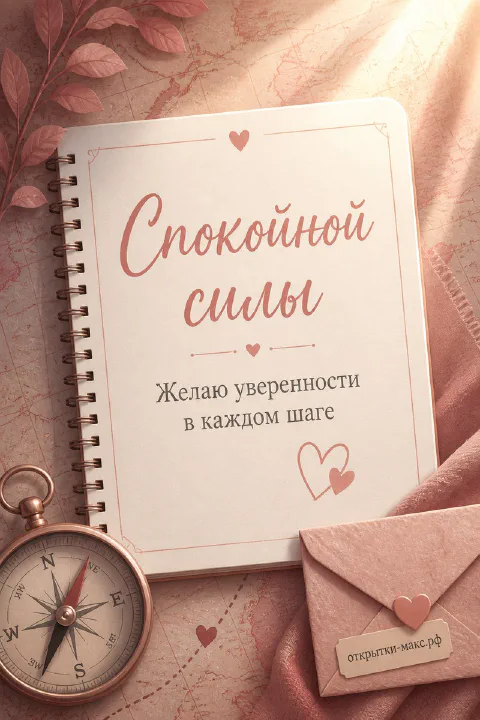 Блокнот с надписью Спокойной силы рядом с медным компасом и розовым конвертом с сердечком