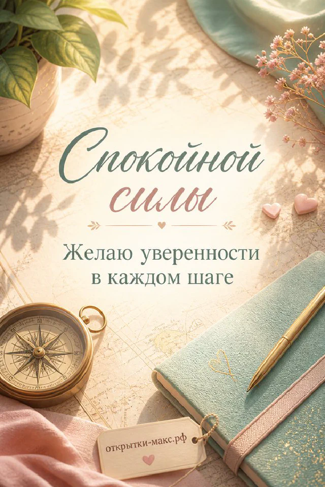 Блокнот с надписью Спокойной силы рядом с медным компасом и розовым конвертом с сердечком — вариант 3