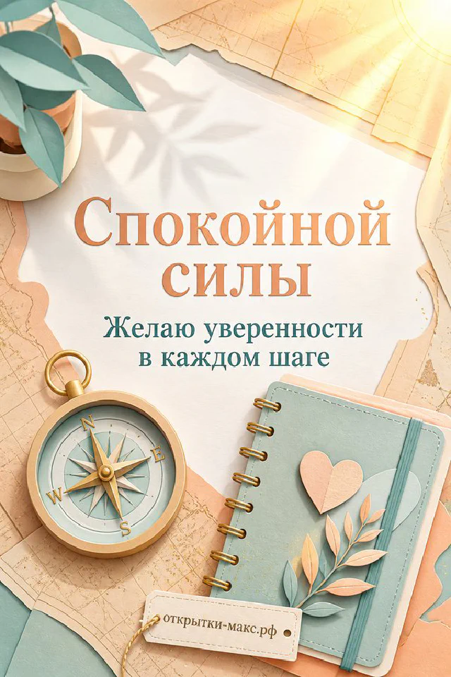 Блокнот с надписью Спокойной силы рядом с медным компасом и розовым конвертом с сердечком — вариант 4