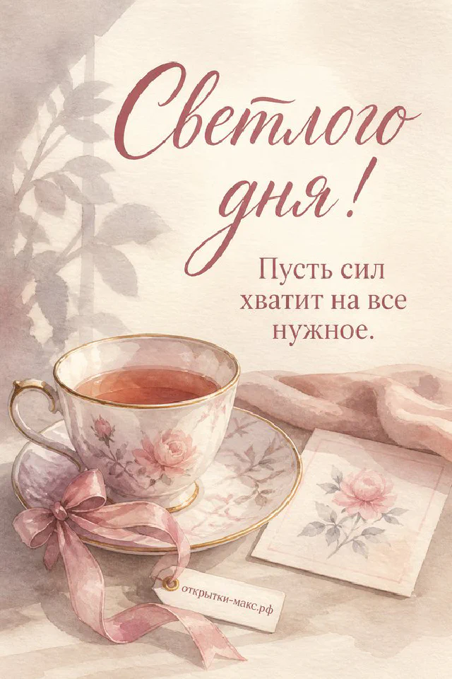 Открытка с пышными розово-белыми сухоцветами в стеклянной вазочке на розовом фоне с тканью — вариант 2