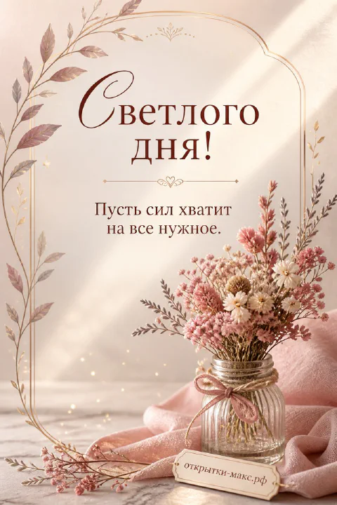 Открытка с пышными розово-белыми сухоцветами в стеклянной вазочке на розовом фоне с тканью