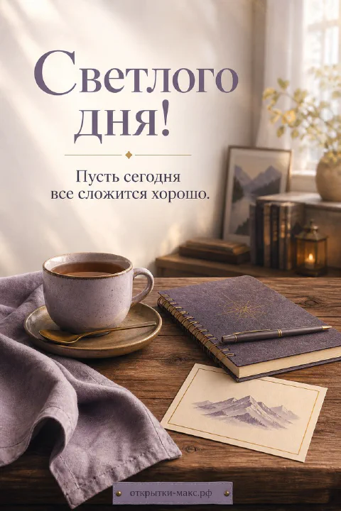 Открытка светлого дня с серой чашкой чая, синим ежедневником и акварельной карточкой с горами на деревянном столе