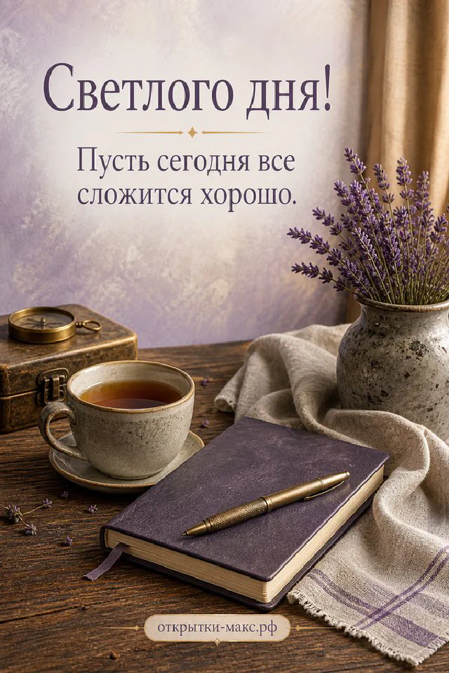 Открытка светлого дня с серой чашкой чая, синим ежедневником и акварельной карточкой с горами на деревянном столе — вариант 5