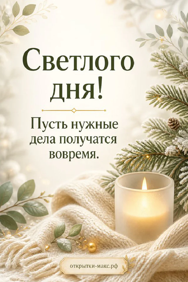 Фиолетовый ежедневник с ручкой, горящая свеча и чашка чая на деревянном столе с надписью Светлого дня — вариант 6
