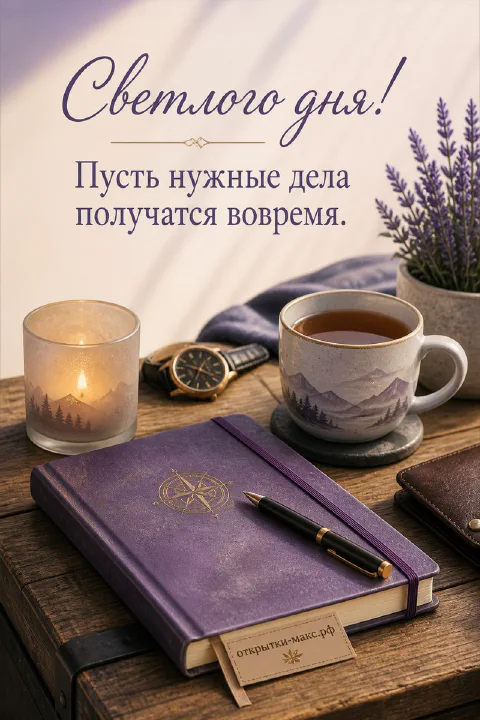 Фиолетовый ежедневник с ручкой, горящая свеча и чашка чая на деревянном столе с надписью Светлого дня