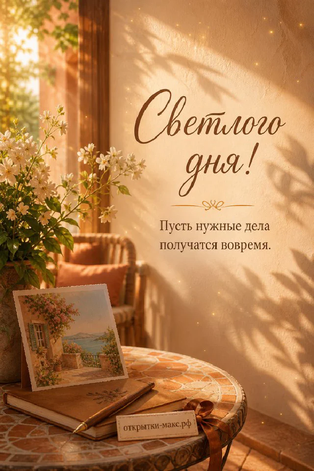 Фиолетовый ежедневник с ручкой, горящая свеча и чашка чая на деревянном столе с надписью Светлого дня — вариант 3