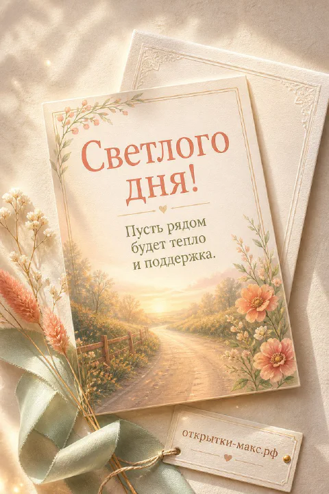 Открытка с летней дорогой в поле, цветами и надписью Светлого дня на пастельном фоне