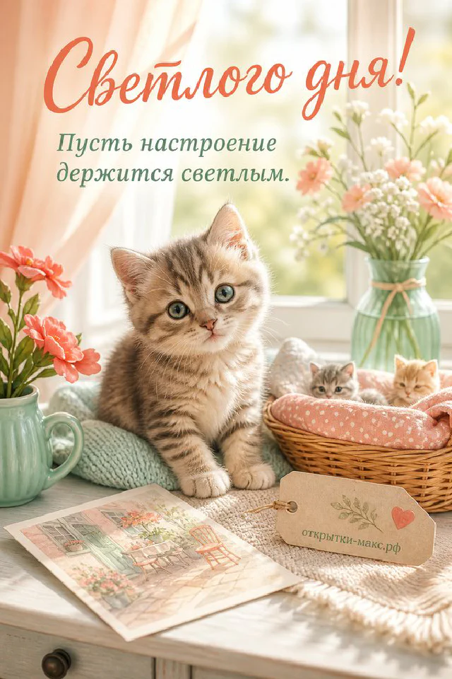 Открытка светлого дня с рыжим котом сидящим рядом с белой открыткой с розовым бантом и цветами в вазе — вариант 4