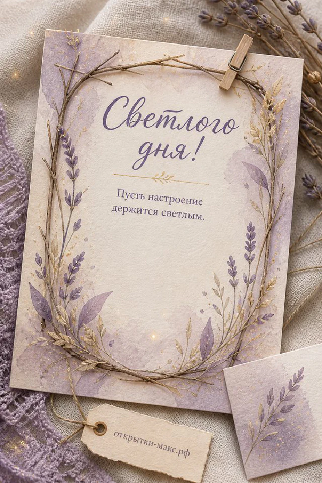 Открытка светлого дня с рыжим котом сидящим рядом с белой открыткой с розовым бантом и цветами в вазе — вариант 5