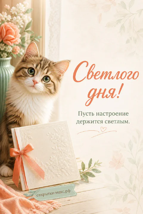 Открытка светлого дня с рыжим котом сидящим рядом с белой открыткой с розовым бантом и цветами в вазе