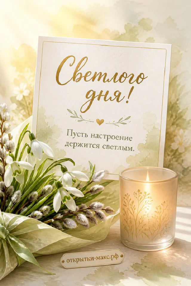 Открытка светлого дня с рыжим котом сидящим рядом с белой открыткой с розовым бантом и цветами в вазе — вариант 2
