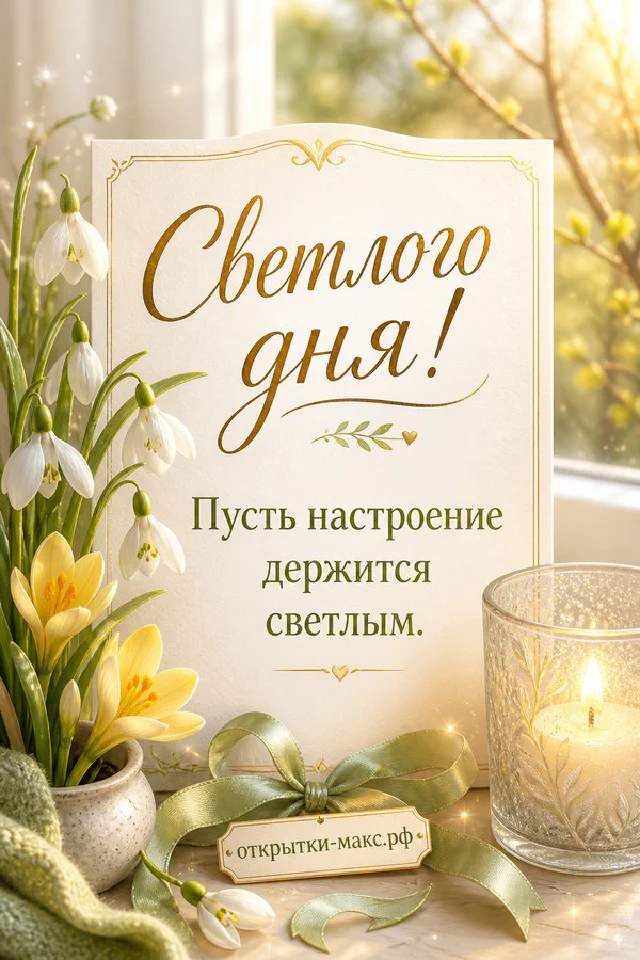Открытка светлого дня с рыжим котом сидящим рядом с белой открыткой с розовым бантом и цветами в вазе — вариант 3