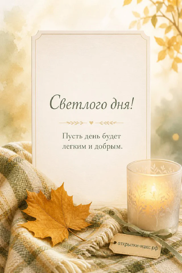 Открытка Светлого дня на фоне осеннего пледа с кленовым листом, свечой и вазой с сухоцветами — вариант 2