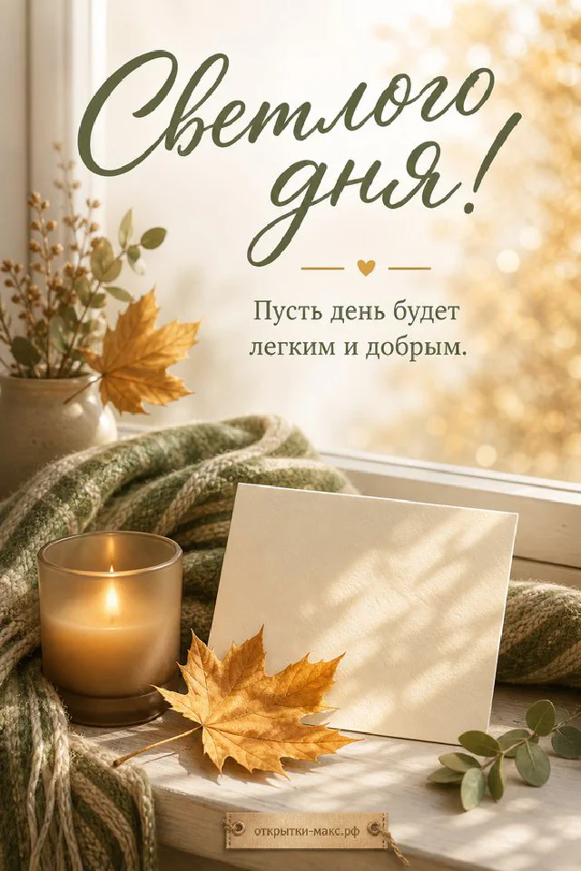 Открытка Светлого дня на фоне осеннего пледа с кленовым листом, свечой и вазой с сухоцветами — вариант 5