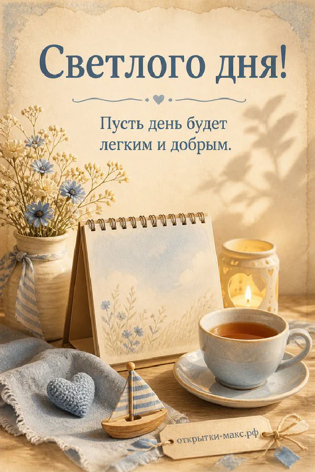 Открытка Светлого дня на фоне осеннего пледа с кленовым листом, свечой и вазой с сухоцветами — вариант 6