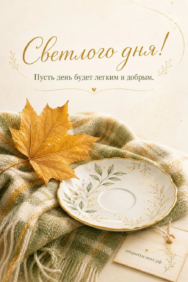 Открытка Светлого дня на фоне осеннего пледа с кленовым листом, свечой и вазой с сухоцветами — вариант 4