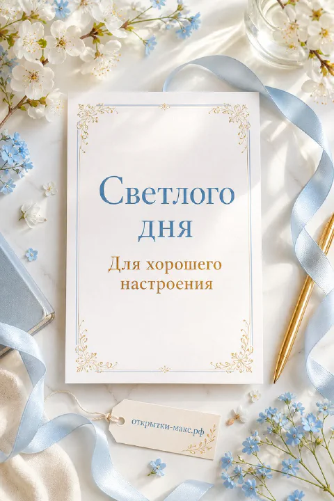 Светлый городской день, букет на столе и чистая карточка
