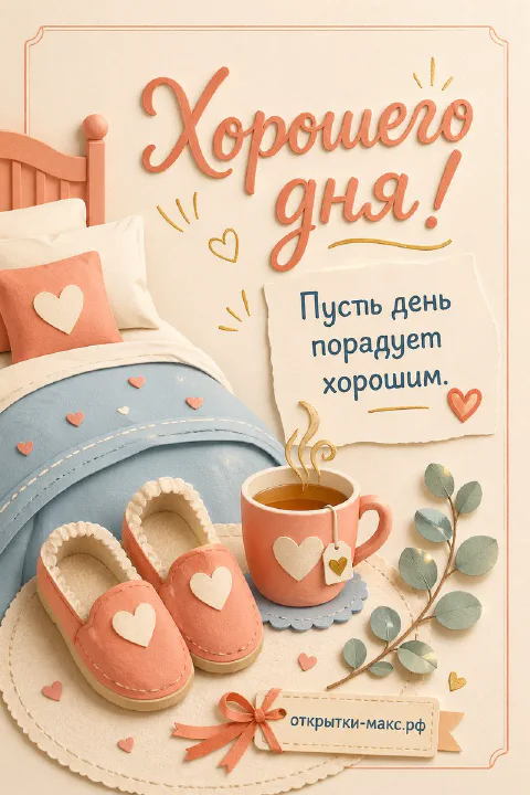 Розовые тапочки с сердечками, чашка чая с сердечком и ветка эвкалипта на пастельном фоне