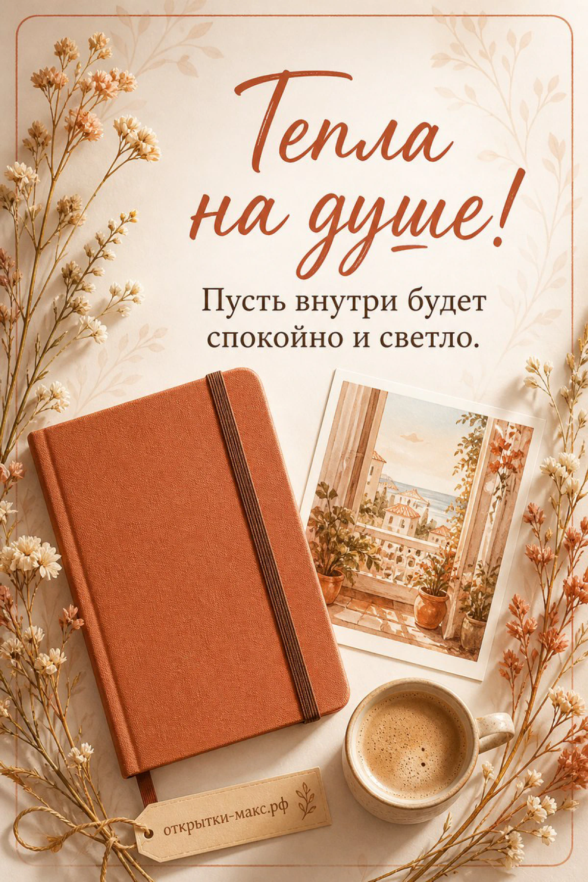 Коричневый ежедневник и чашка кофе с пенкой рядом с полароидным фото и сухоцветами на бежевом фоне