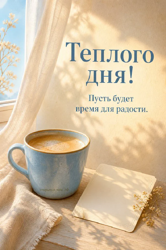 Осенняя открытка с терракотовой кружкой кофе, ромашками в банке и фото солнечного парка на вязаном пледе — вариант 3