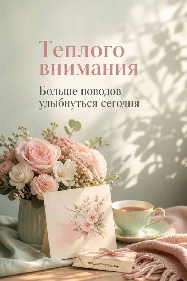 Белые розы в вазе, чашка чая и карточка «Тёплого внимания» на нежном фоне — вариант 2